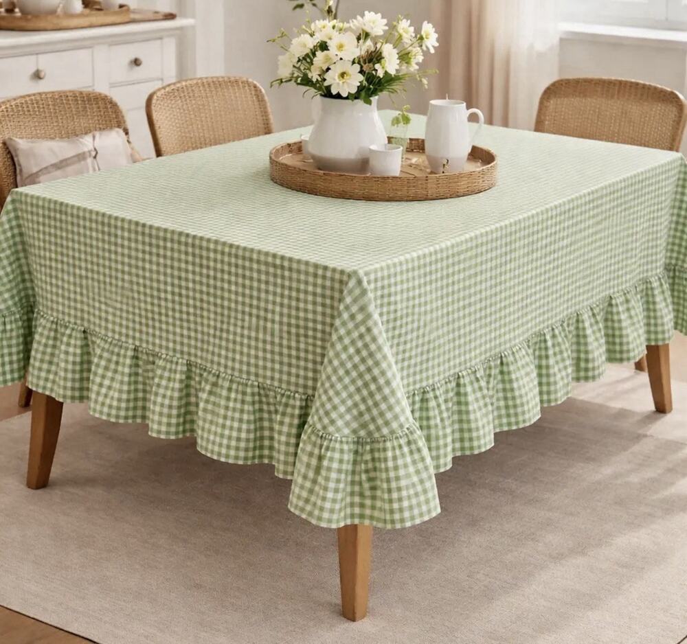 Gingham Table Cloth with Ruffles (56” X 56” Square) Sage Green New